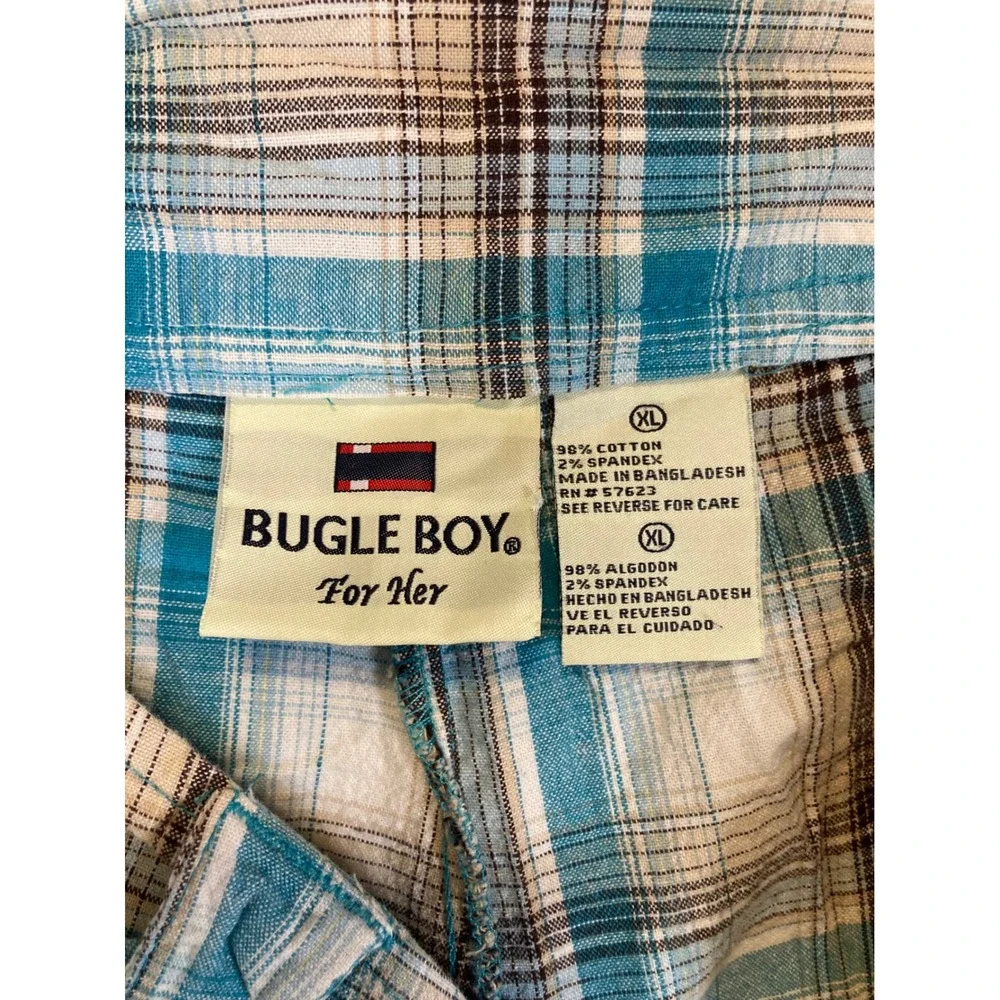 Y2K Coastal Bugle Boy For Her XL Turquoise Brown Plaid Cotton Blend Shorts